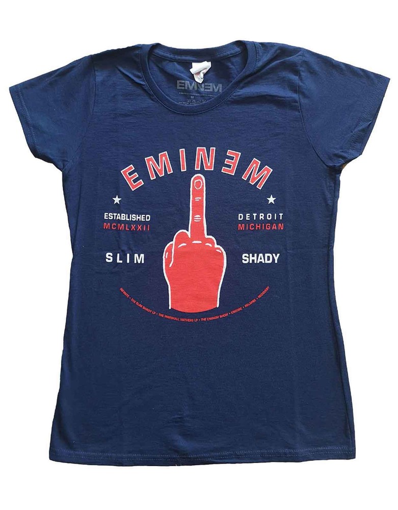 Eminem T Shirt Detroit Finger Logo new Official Womens Skinny Fit Navy Blue Size