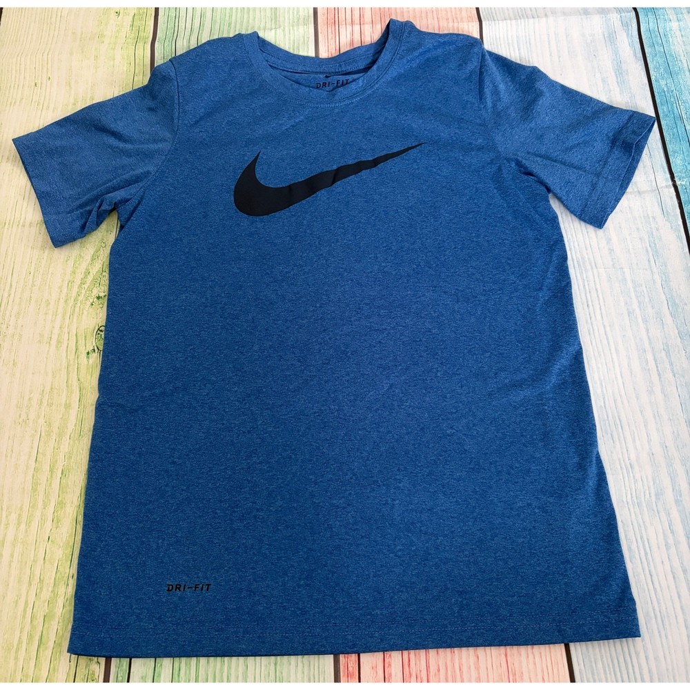 Nike Boys Blue Swoosh Logo Short Sleeve Tee Shirt Size Medium 10-12
