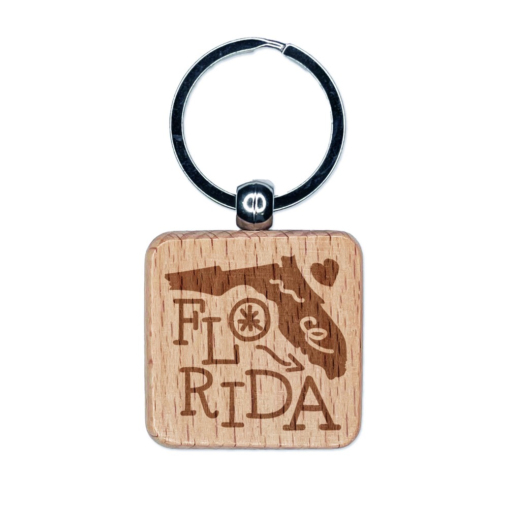 Florida State Engraved Wood Keychain with Swirling Text Design  