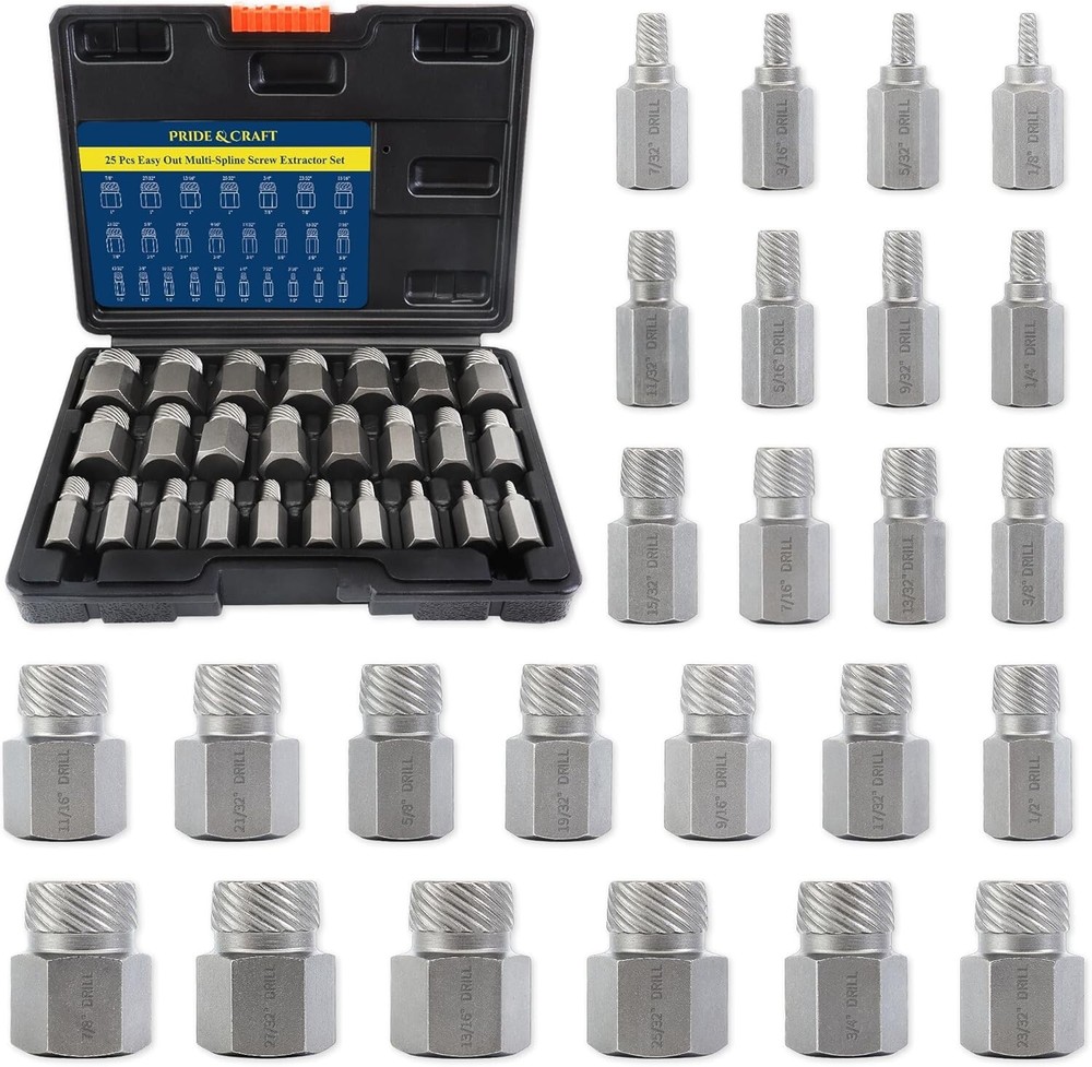 25Pcs Heavy Duty CR-MO Steel Hex Head Screw and Bolt Extractor Set