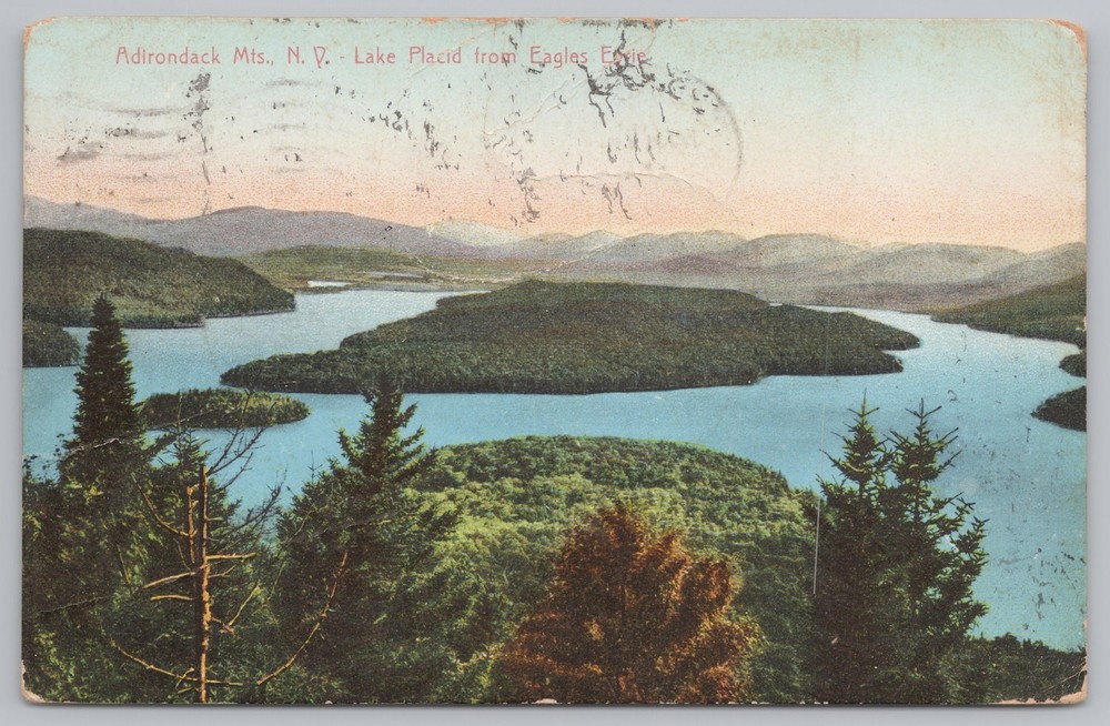 State View~Air View Adirondack Mts Lake Placid @ Eagles Eyrie~Vintage Postcard