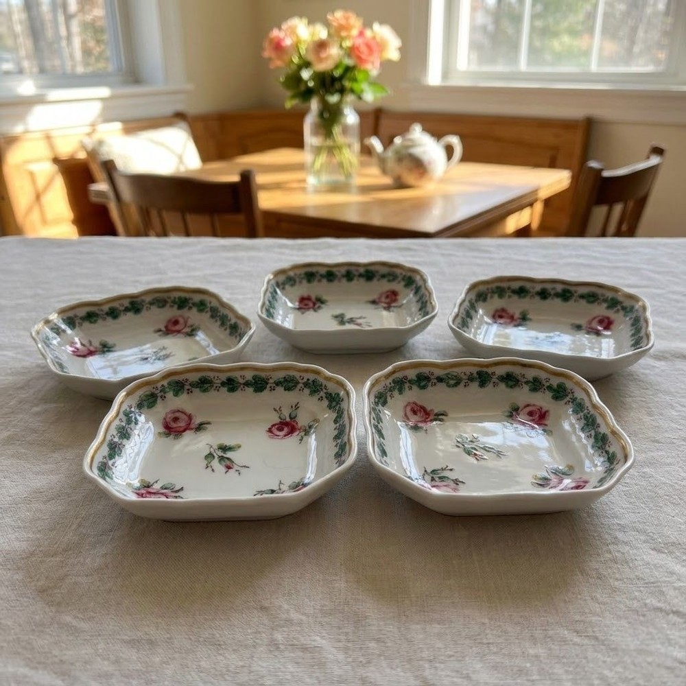 Vintage Richard Ginori Pink Rose Small Square Plates Set Of 5 Italian Porcelain