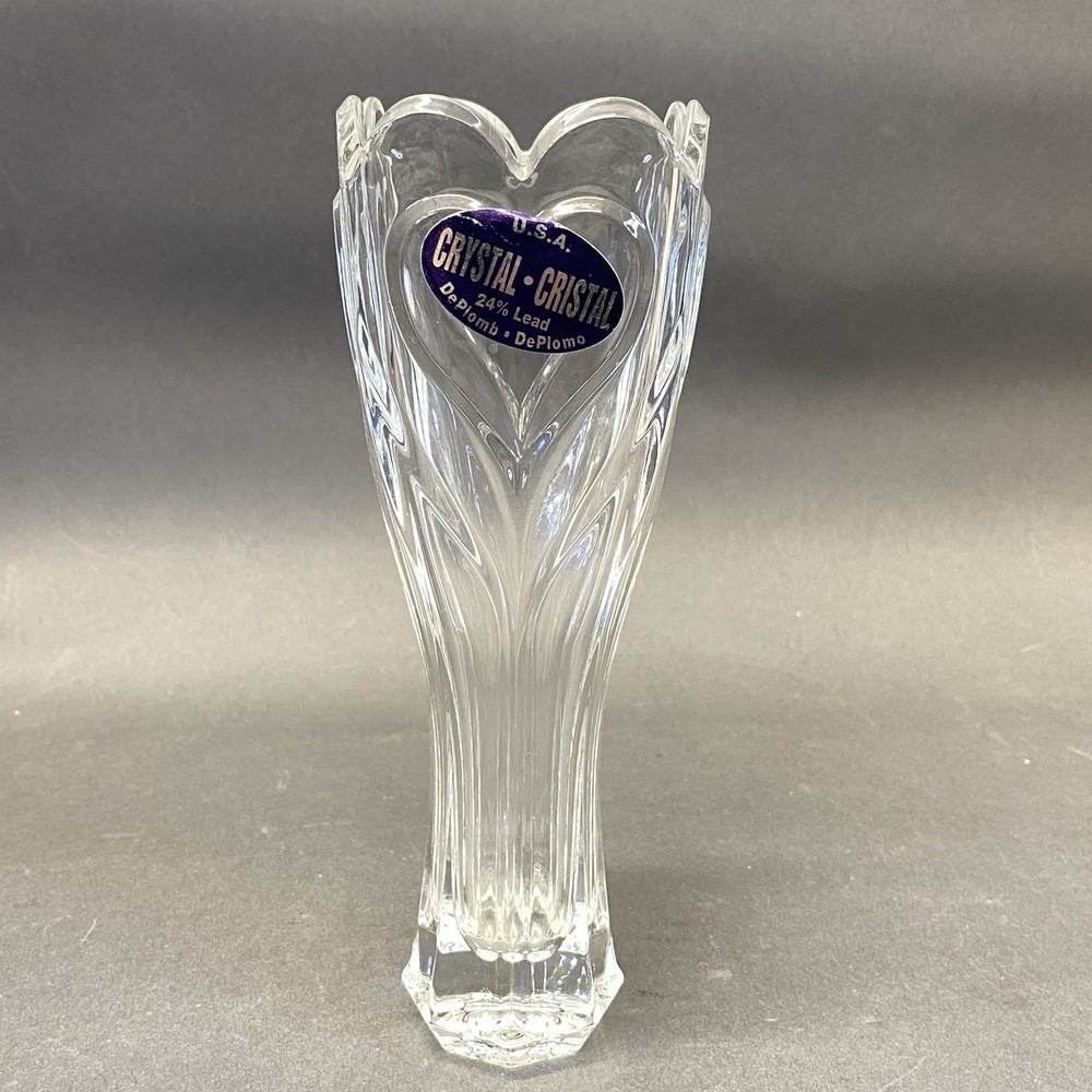 8” Square 24% Lead Crystal Vase Heart Petal Top Clear Flower vase heavy