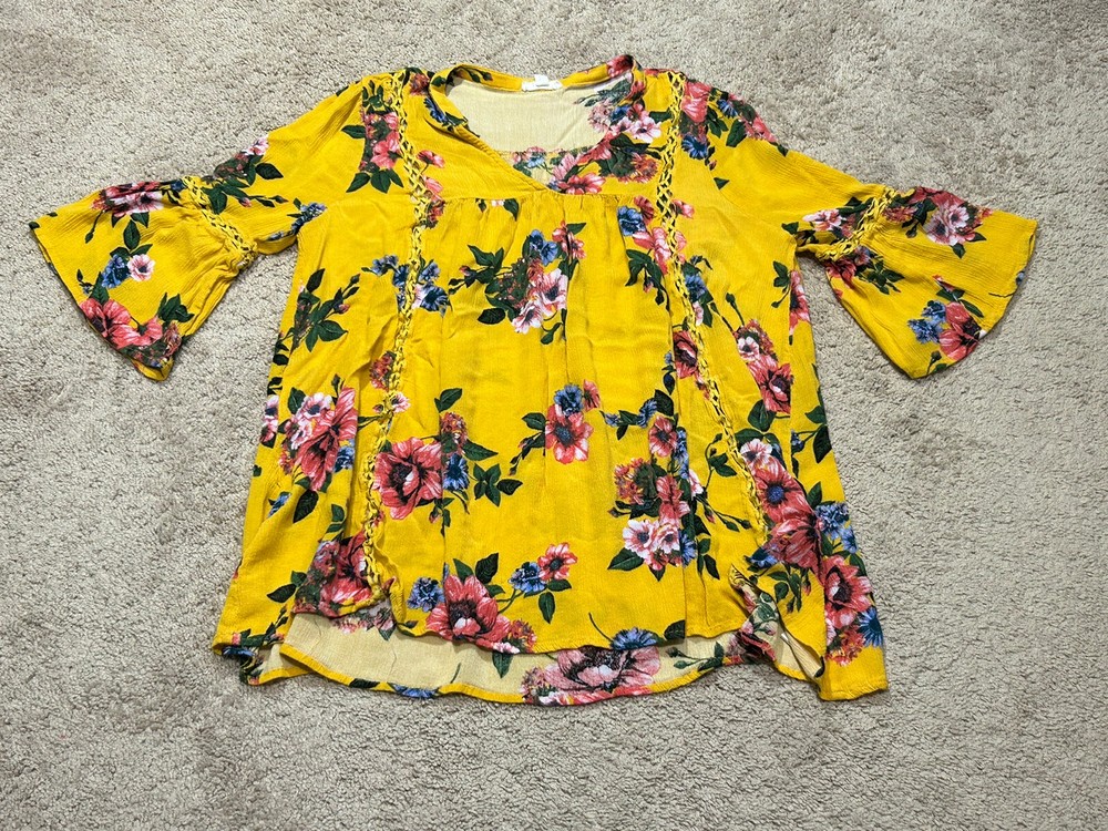 Oddi Womens Shirt Size Large Multicolor Floral Print Crochet Flowy Lightweight