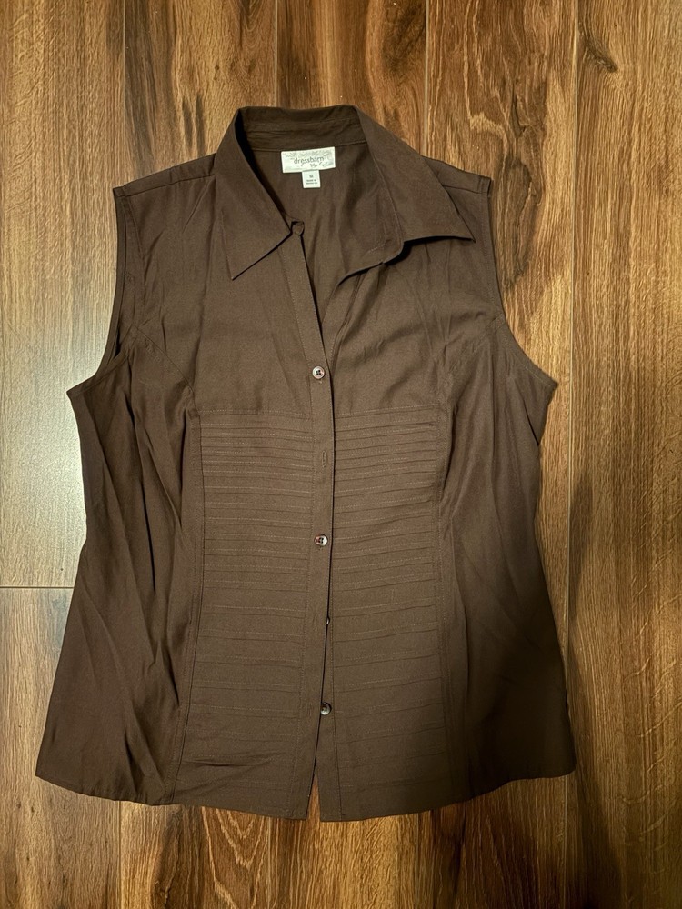 Dressbarn Women's Brown Solid Sleeveless Collared Button-Front Blouse M