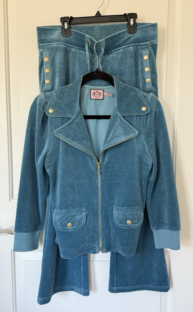 Vantage Y2K RARE Juicy Couture Blue Velour Jacket & Flared Pants Set Size Small