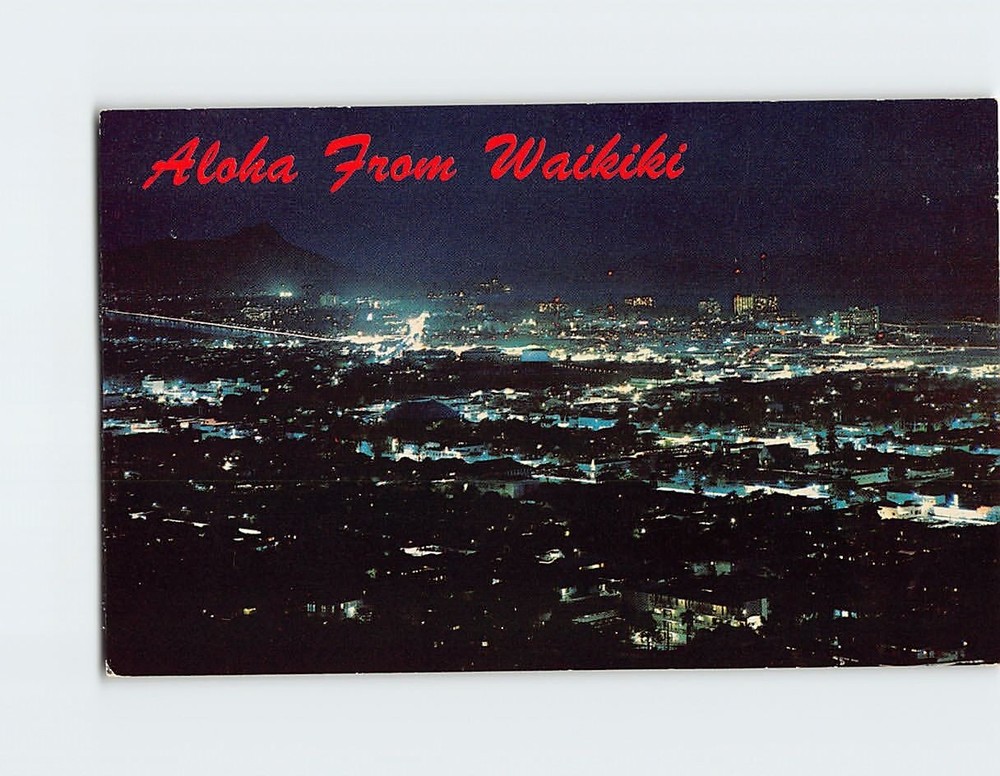 Postcard Night View Of Waikiki Beach & Diamond Head Viewed Honolulu Hawaii