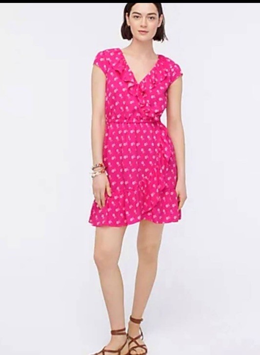 J. Crew Floral Print Dress Vibrant Pink Size 14 Faux Wrap Vacation Dress