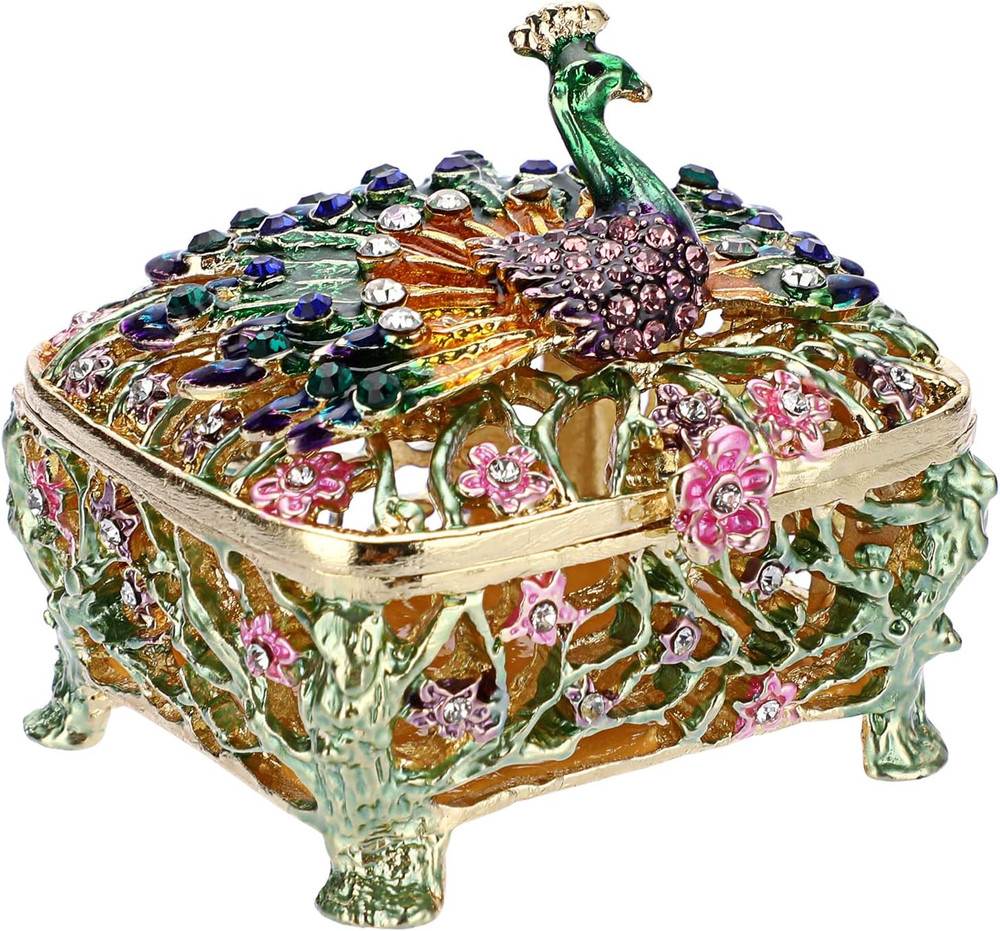 Mini Peacock Trinket Box, Vintage Metal Enameled Decorative Box Ring Earrings Je
