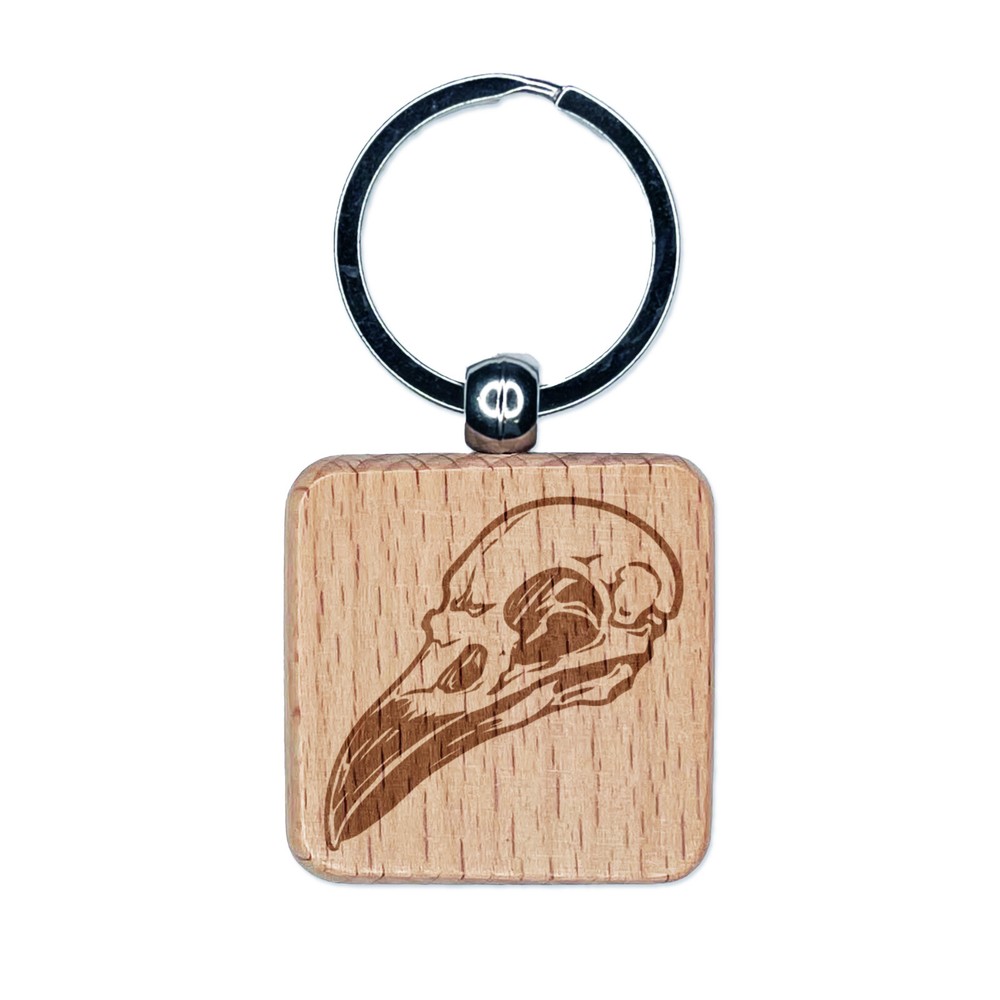 Crow Skull Engraved Wooden Square Keychain Charm  