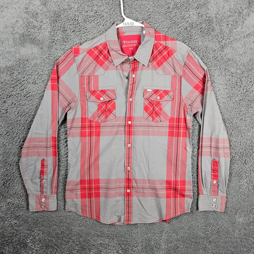 Guess Men's Shirt Plaid Gray Pearl Snap Long Sleeve Size Medium M Rodeo Cowboy