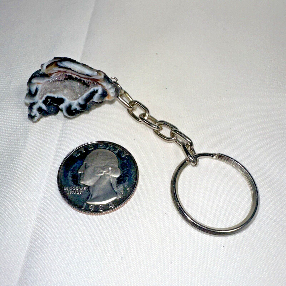 NEW Natural Oco Agate Geode Keychain Key Ring, Half Stone Rock Crystal Mineral