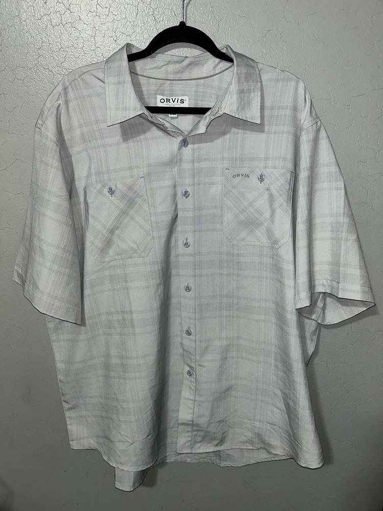 Orvis Shirt Men Gray Button Up Plaid Short Sleeve Pockets Casual Fishing Size2XL