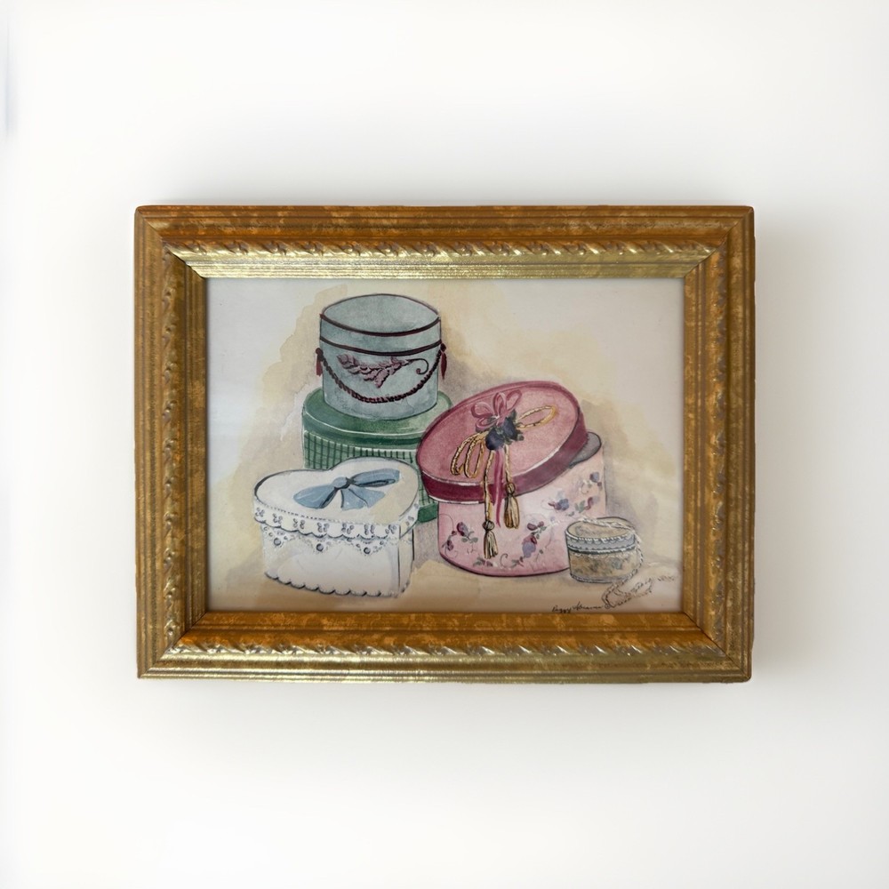Antique HAT BOXES Victorian Valentine Heart Framed Art Watercolor Peggy Abrams