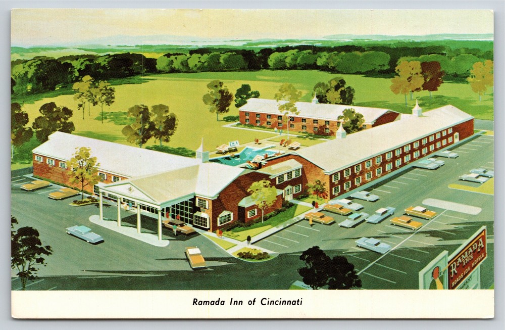 Artist Conception~Aerial Ramada Inn Cincinnati Ohio~Vintage Postcard