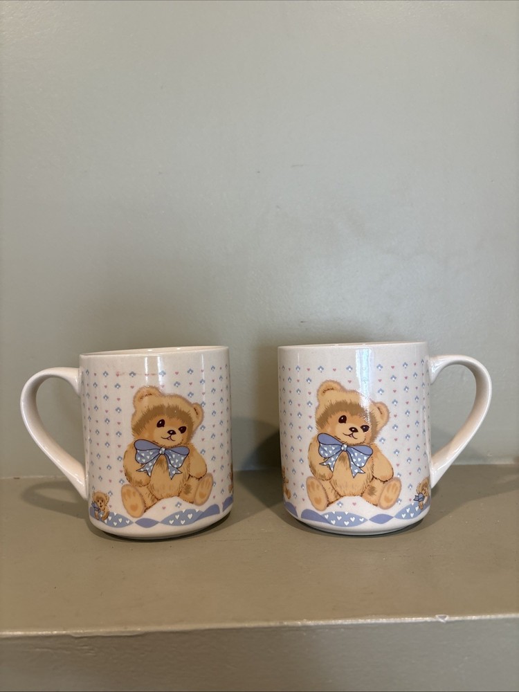 Country Teddy Bear Coffee Mug Vtg Set Of 2 Blue Bow 80s & 90s Cup