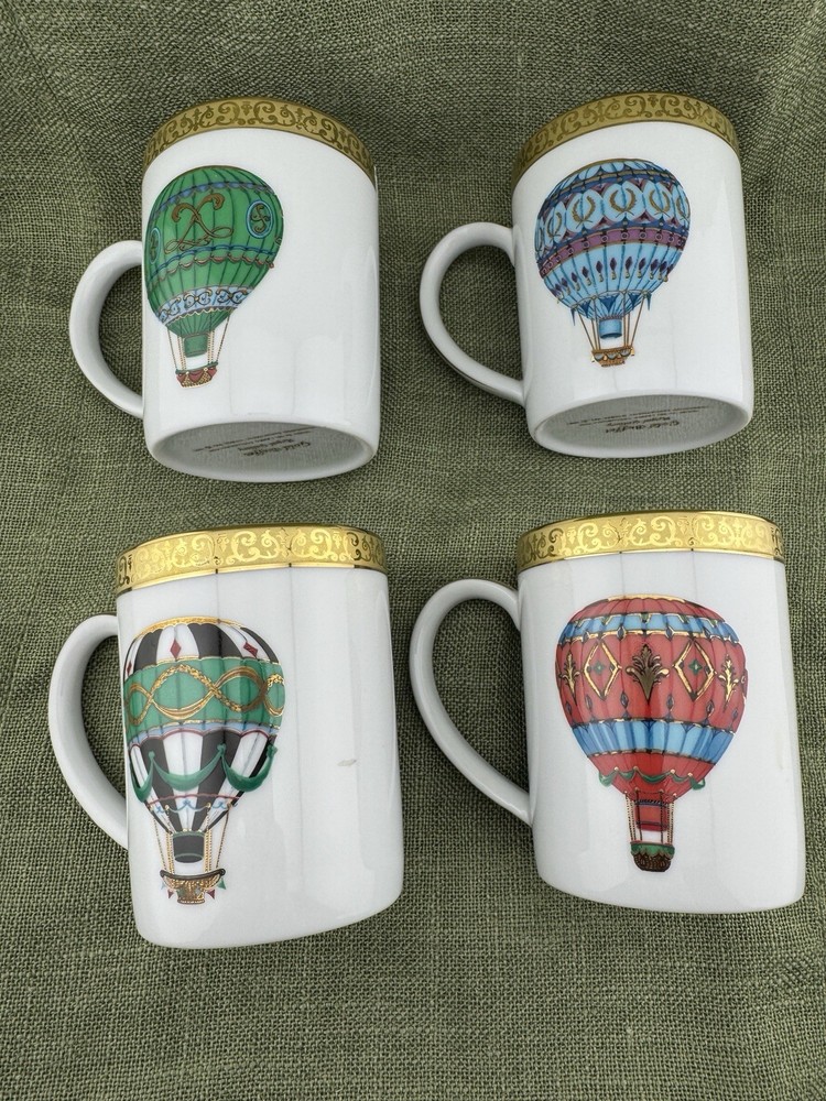 Royal Gallery Gold Buffet 1991 Hot Air Balloon Set Of 4 Coffee Mugs Gold Trim