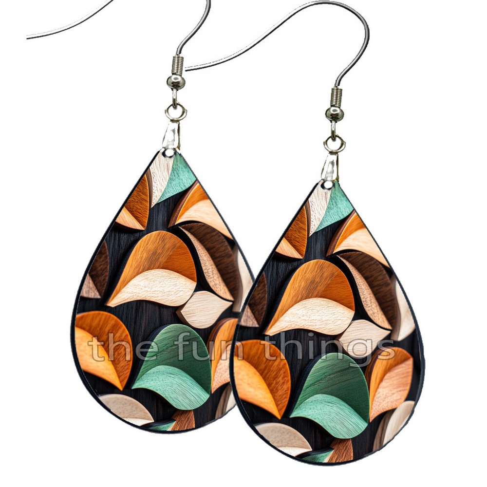 Abstract Faux Wood Teardrop Earrings Non-Tarnish Dangle Statement-image