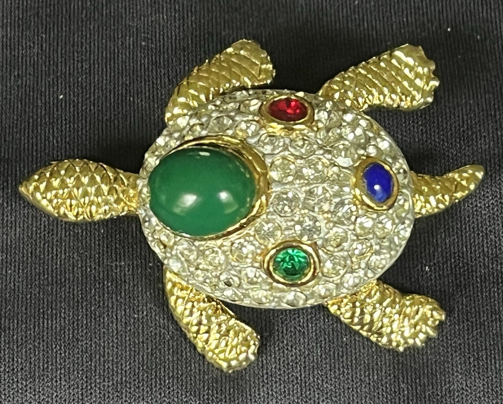 Gold Tone Turtle Brooch Pin w/ Clear Rhinestones & Green Red Blue Stones, Signed