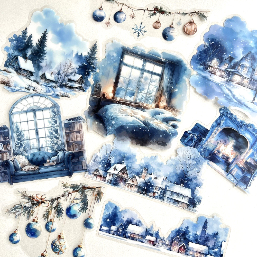 Blue Christmas Home Landscape Stickers Junk Journal Collage Scrapbooking