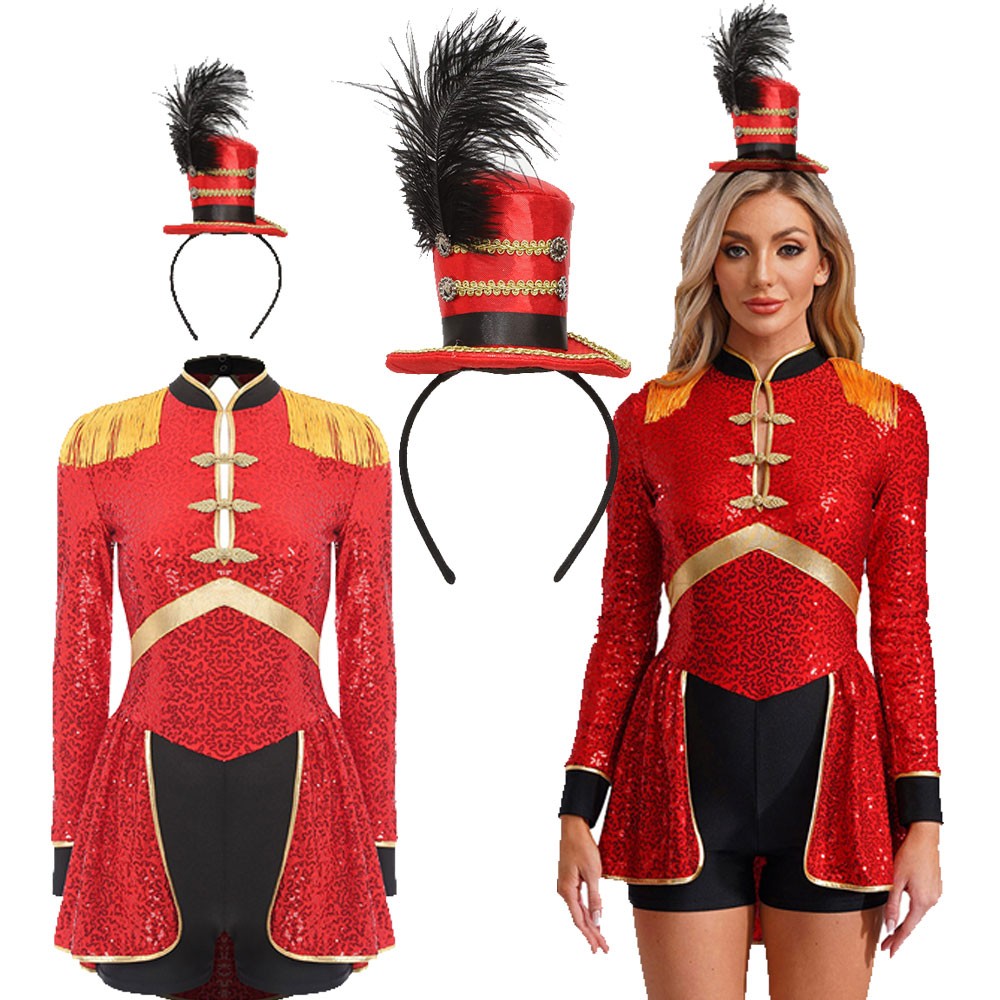US Women's Circus Ringmaster Magician Showman Sequins Bodysuit with Headband Set