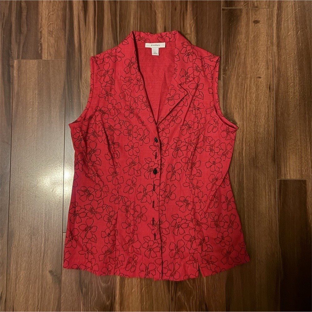dressbarn Red/Black Floral Collared Sleeveless Button-Front Blouse Size L