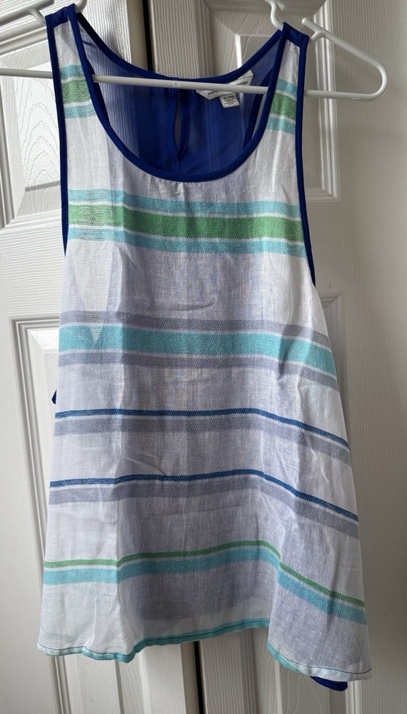 American Eagle Racerback Tank Top Womens Blue White Striped Sheer-Size XL