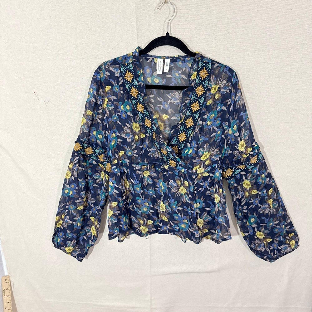 Meadow Rue by Anthropologie Navy Floral Embroidered Sheer Blouse Womens Medium