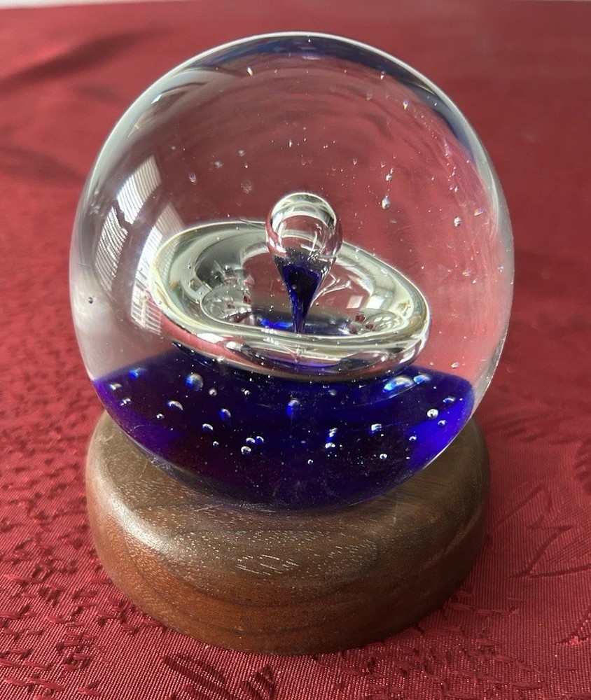 Vintage Cobalt Blue Art Glass Paperweight with Bubbles and Clear Swirl Pedestal Base