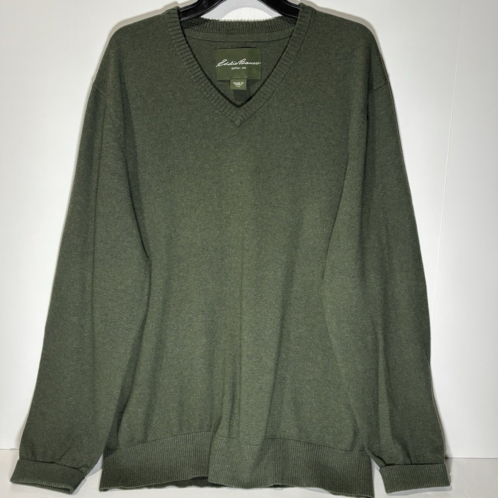 EDDIE BAUER Sweater Men Sz TXL Green Cotton & Cashmere Outdoor Party V-Neck