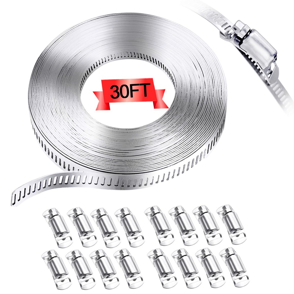 304 Stainless Steel Hose Clamp Assortment Kit,DIY 30FT Metal Strap + 16 Stron...