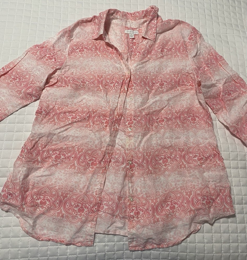 Charter Club 100% Linen Shirt Blouse XL Pink White Medallion Paisley Roll Tab