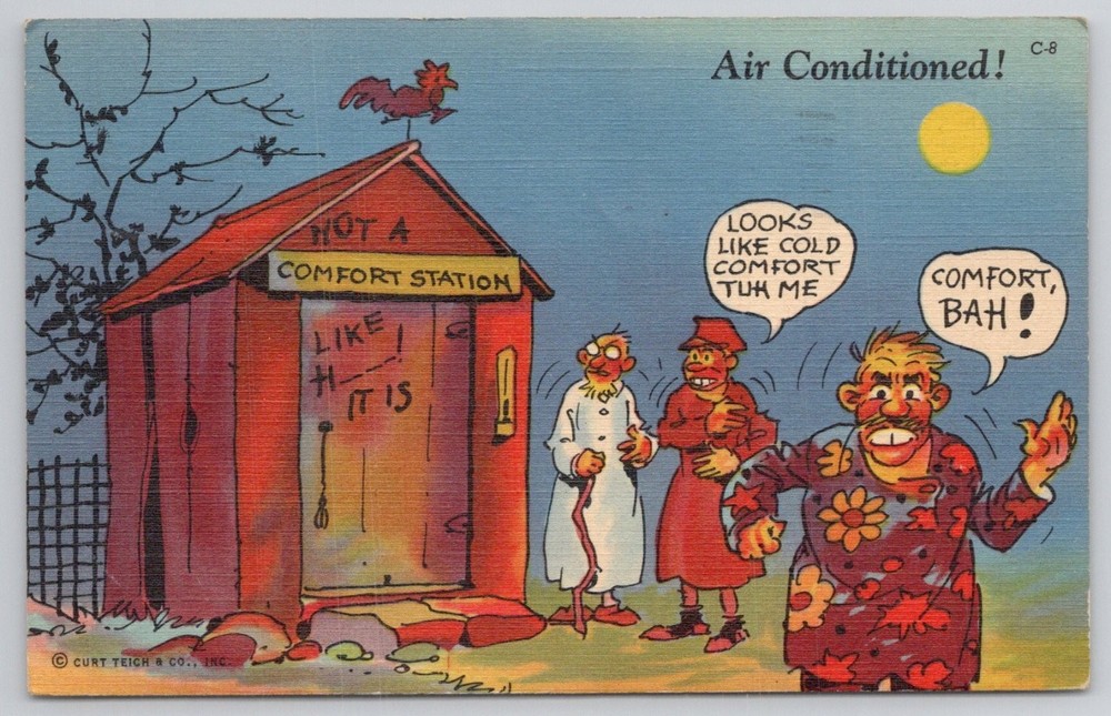 1942 Air Conditioned Outhouse Cartoon Postcard Edgewood Arsenal MD Linen