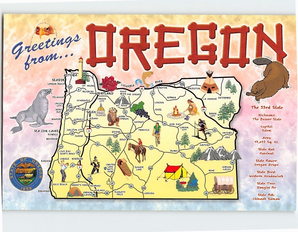 Postcard Map & Attractions Greetings from Oregon USA