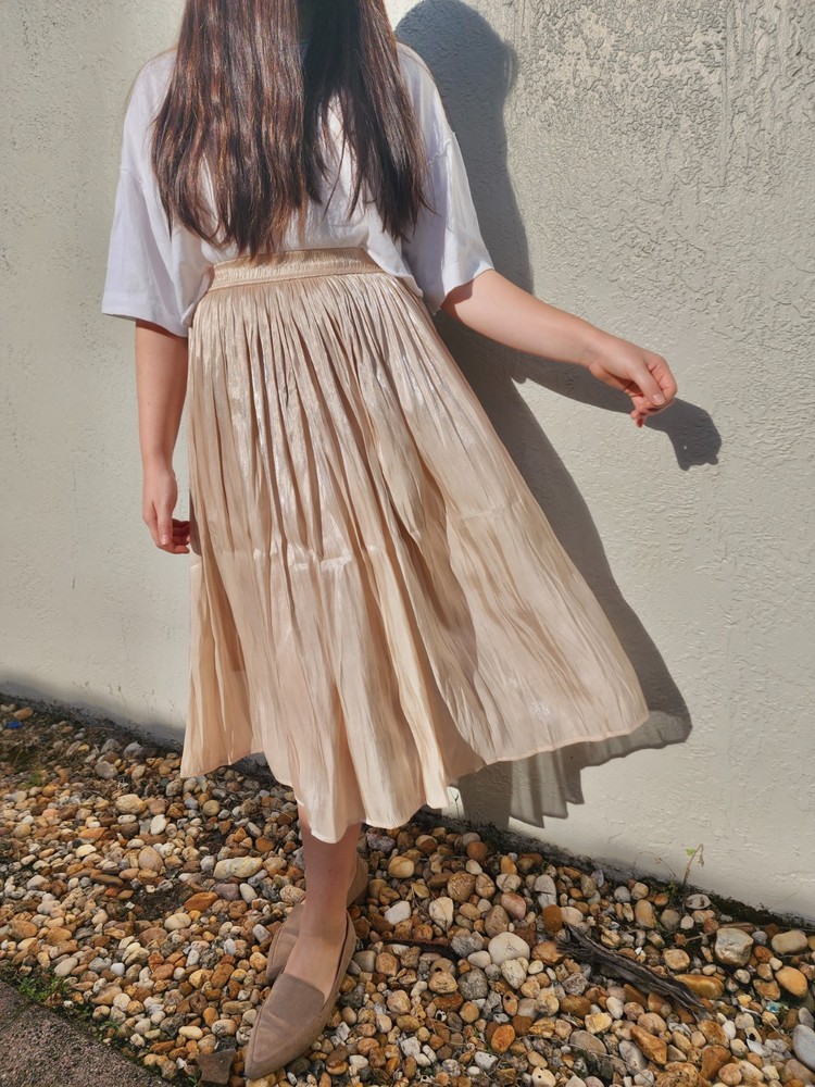 High-Waisted Pleated Midi Skirt Women’s Champagne Metallic Skirt