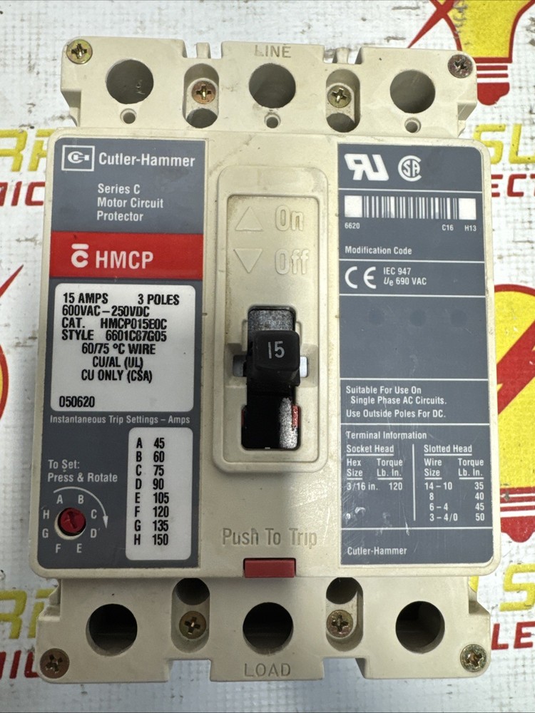Cutler-Hammer HMCP015C 15A 3-Pole Motor Circuit Protector 600VAC / 250VDC – Used