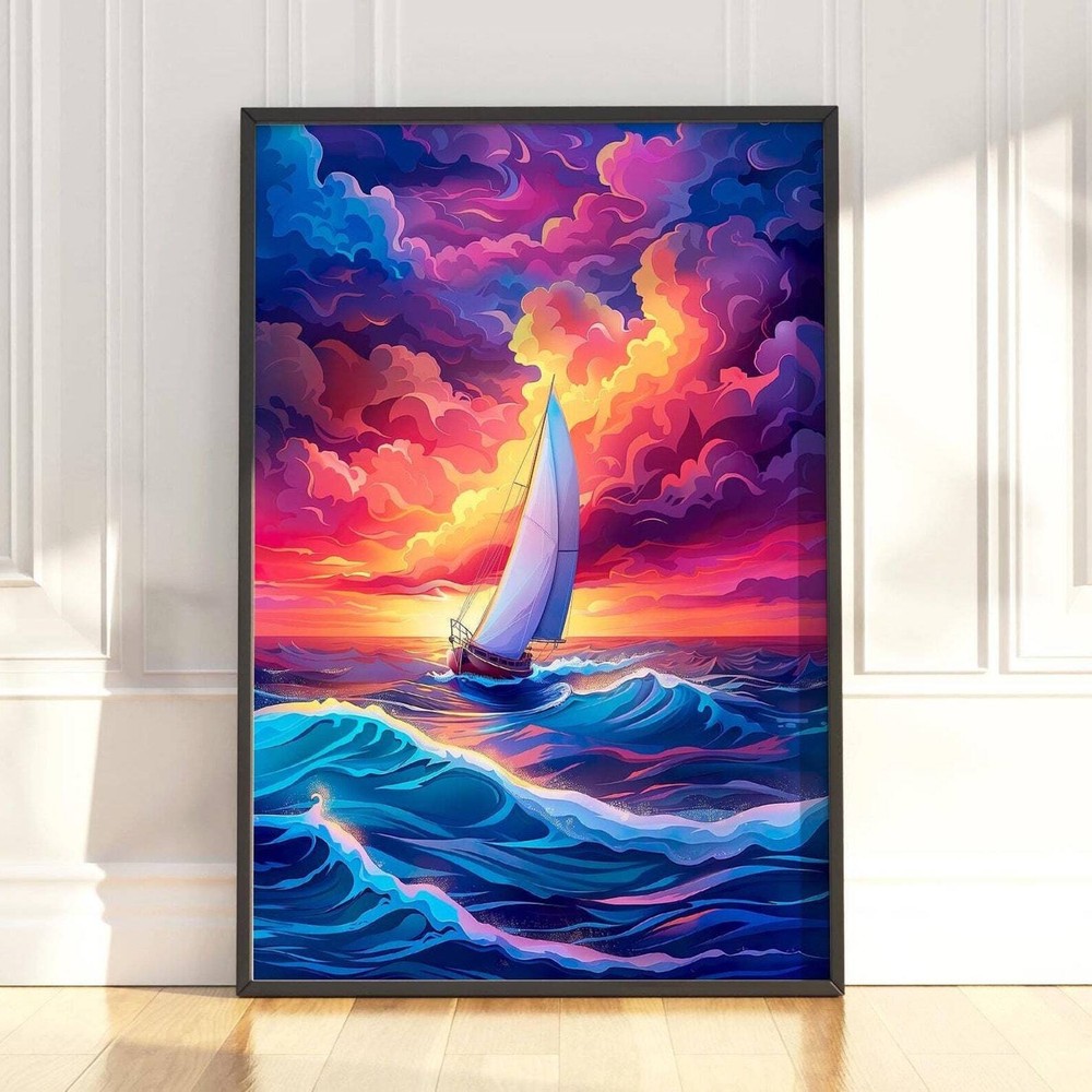 Sailboat Print Colourful Boat Print Coastal Wall Art Beachy Prints Sunset Art