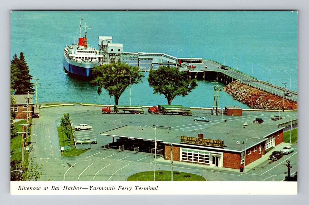 Bar Harbor ME-Maine, Bar Harbor Ferry Terminal MV Bluenose Dock Vintage Postcard