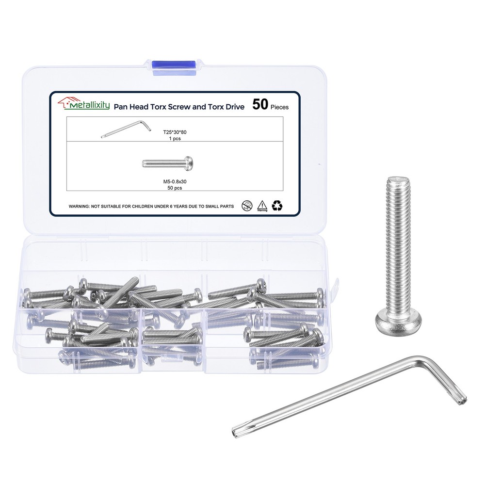 Pan Head Torx Screws (M5-0.8x30mm) 50Pcs, Stainless Steel 304, Silver Tone