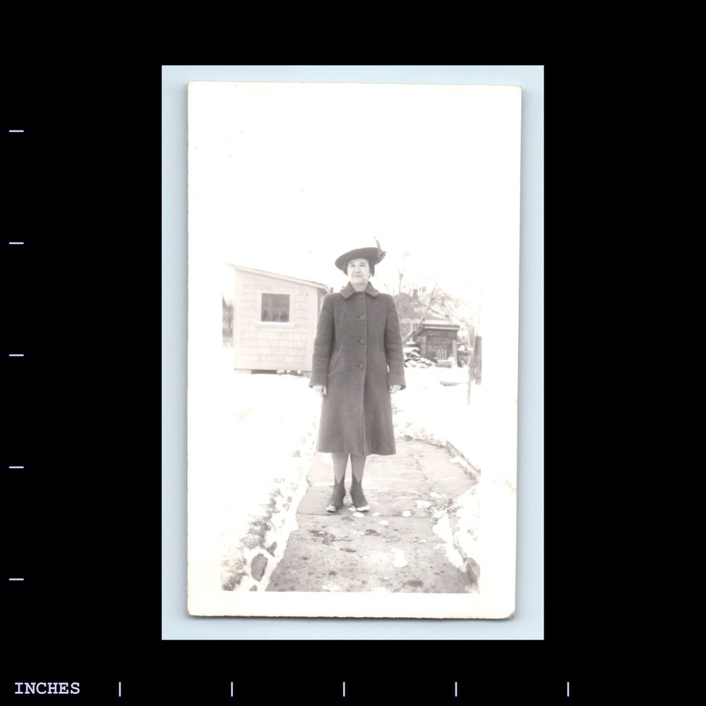 Old Vintage Photo WOMAN STANDING IN DRIVEWAY SNOW WINTER SCENE