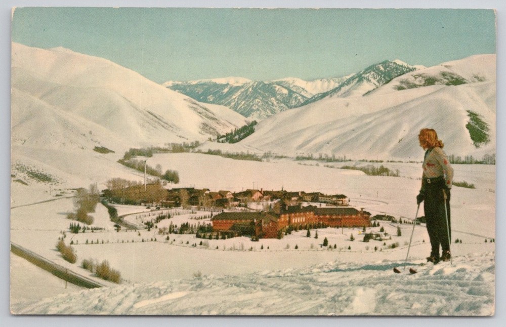 Vintage Sun Valley ID Postcard Skier Penny Mountain Lodge Ski Resort Chrome