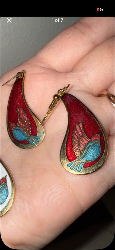 Red Vintage Bird Cloisonné Enamel And Metal Earrings