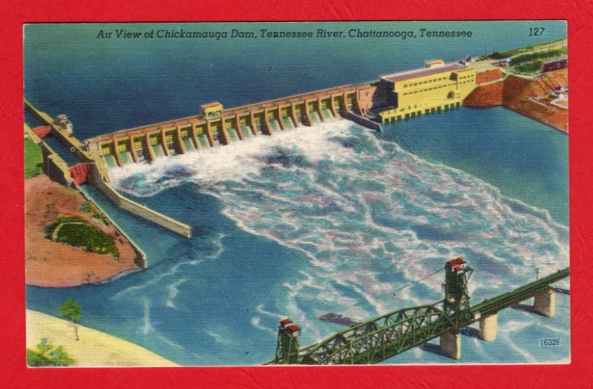 Aerial View Chickamauga Dam, Tennessee River Chattanooga TN - postcard ca 1940