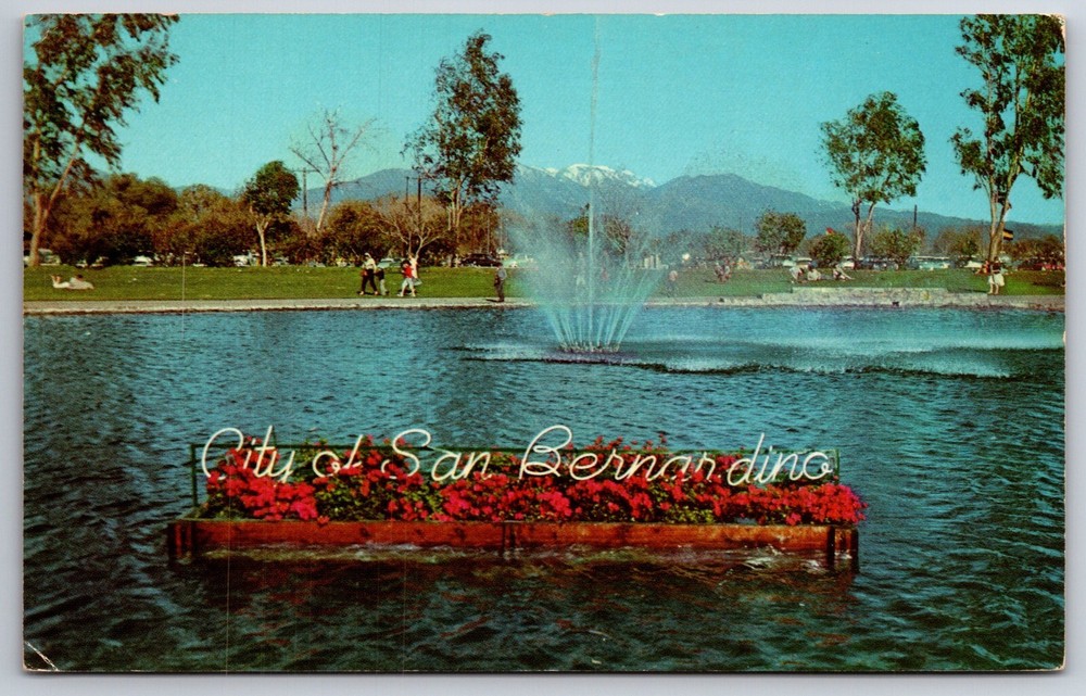San Bernardino California~City Sign & Fountain @ Lagoon Scene~Vintage Postcard