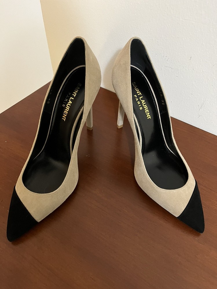 YSL Saint Laurent Paris Suede Pointy Toe Pump in Tan Beige and Black
