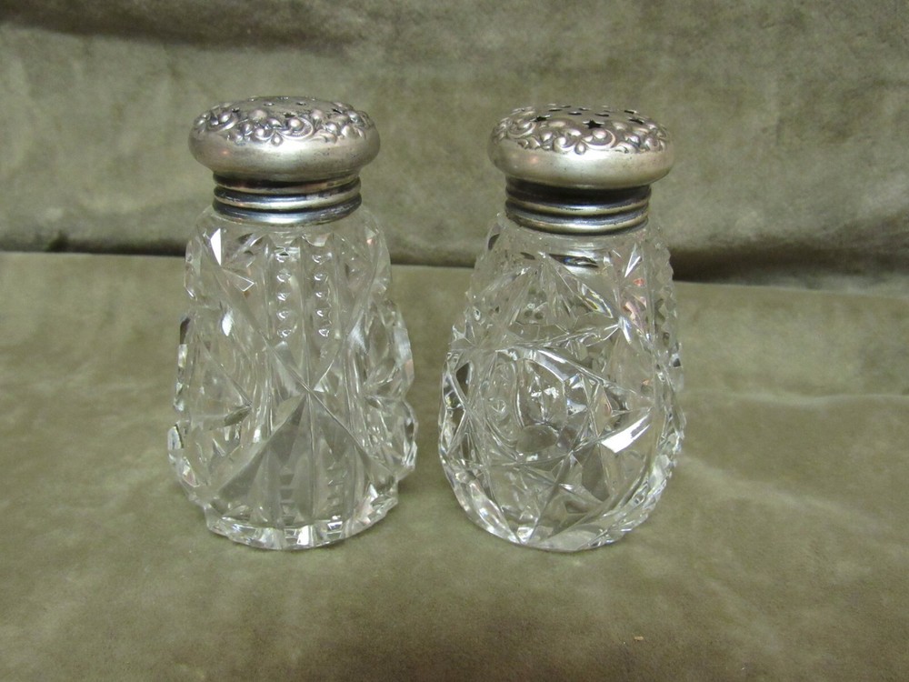 Victorian Cut Glass Geometric Hobstar Pattern Sterling Silver Top Salt & Pepper