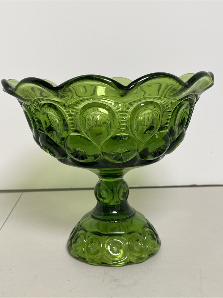 Vintage L E Smith Moon & Star Green Glass Pedestal Bowl Compote 7