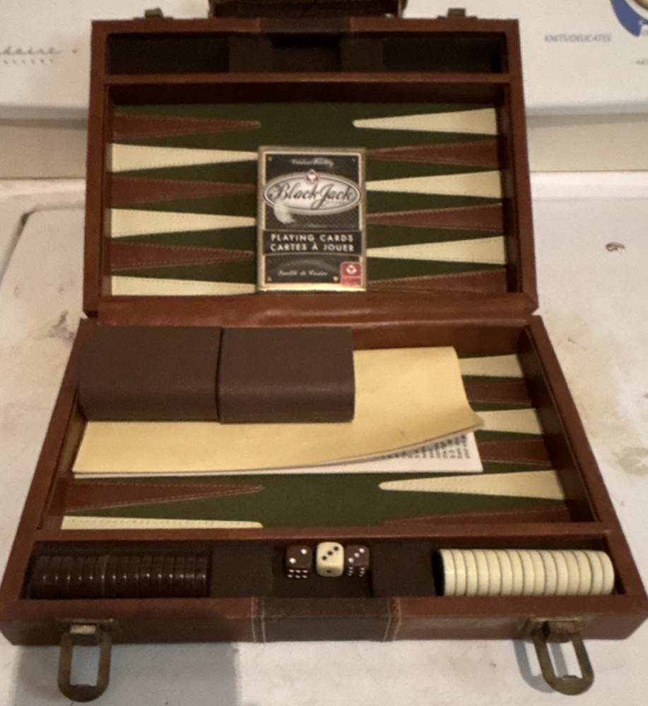 Blackjack Travel Backgammon Board Game Set w/ Carry Case, Chips, Dice & Cards