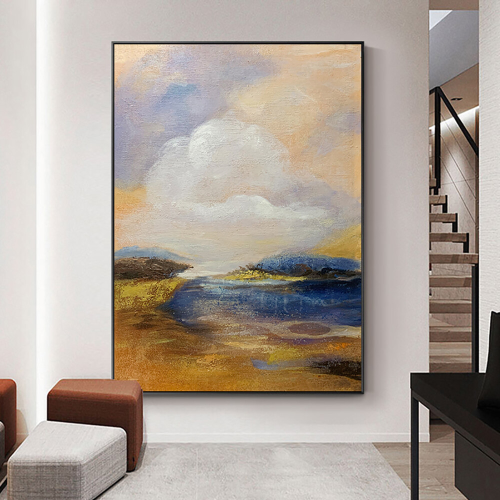 Hand Painted Oil Painting Abstract Landscape Sunrise River Living Room Decorati