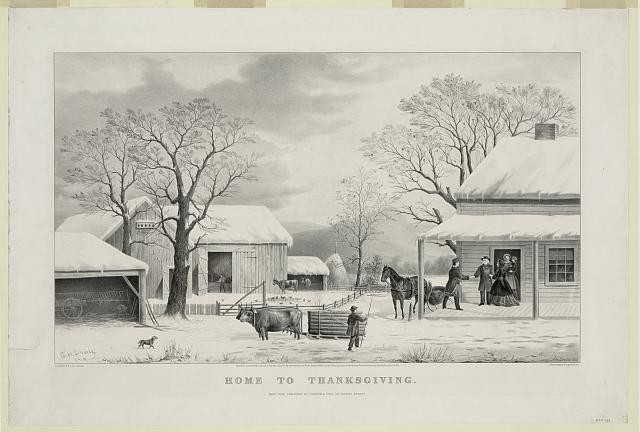 Home to Thanksgiving,c1867,Currier & Ives Photo,snow,livestock,family,house
